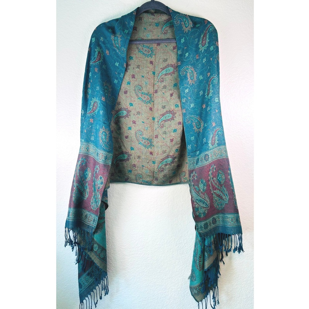 Boho Teal Blue Goth Vampy Witchy Paisley Pashmina Shawl Reversible Fringed Scarf